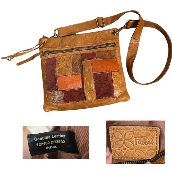 Vintage Fossil Patchwork Leather Crossbody Purse Bag Equestrian Boho Western - Picture 1 of 15